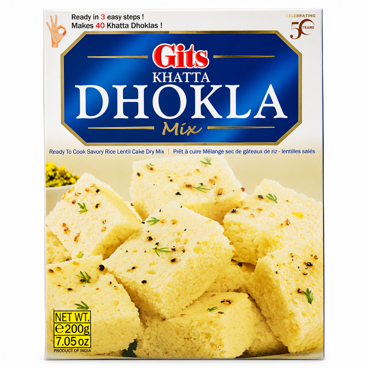 Gits Khatta Dhokla Mix 200g front packaging featuring an authentic Indian savoury rice and lentil cake mix that is ready in 3 easy steps.