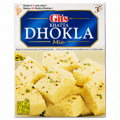 Gits Khatta Dhokla Mix 200g front packaging featuring an authentic Indian savoury rice and lentil cake mix that is ready in 3 easy steps.