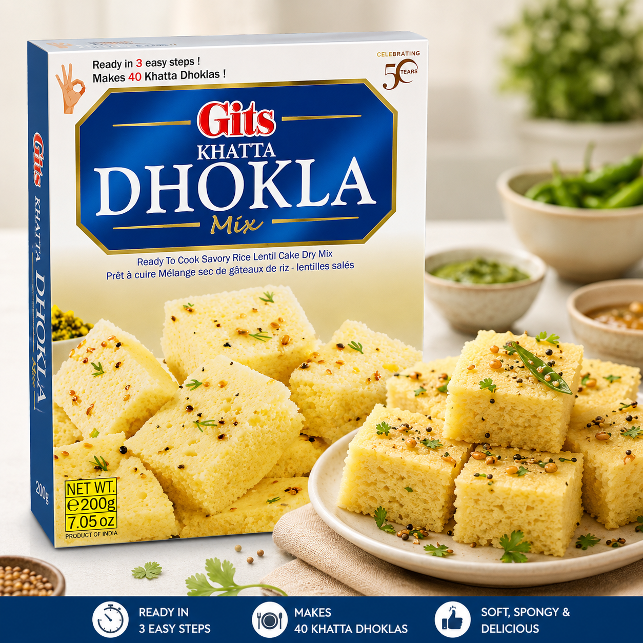 Premium lifestyle image of Gits Khatta Dhokla Mix 200g served as soft and spongy traditional Indian dhokla garnished with mustard seeds and coriander, perfect for breakfast or snacks.