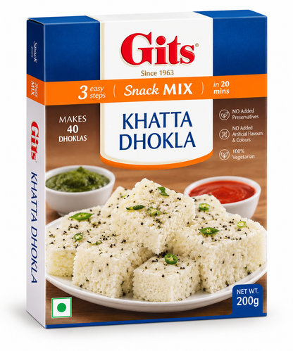 Gits Khatta Dhokla Mix 200g box with blue, white and orange packaging, featuring the Gits logo, khatta dhokla serving image and snack mix branding on a clean white background.