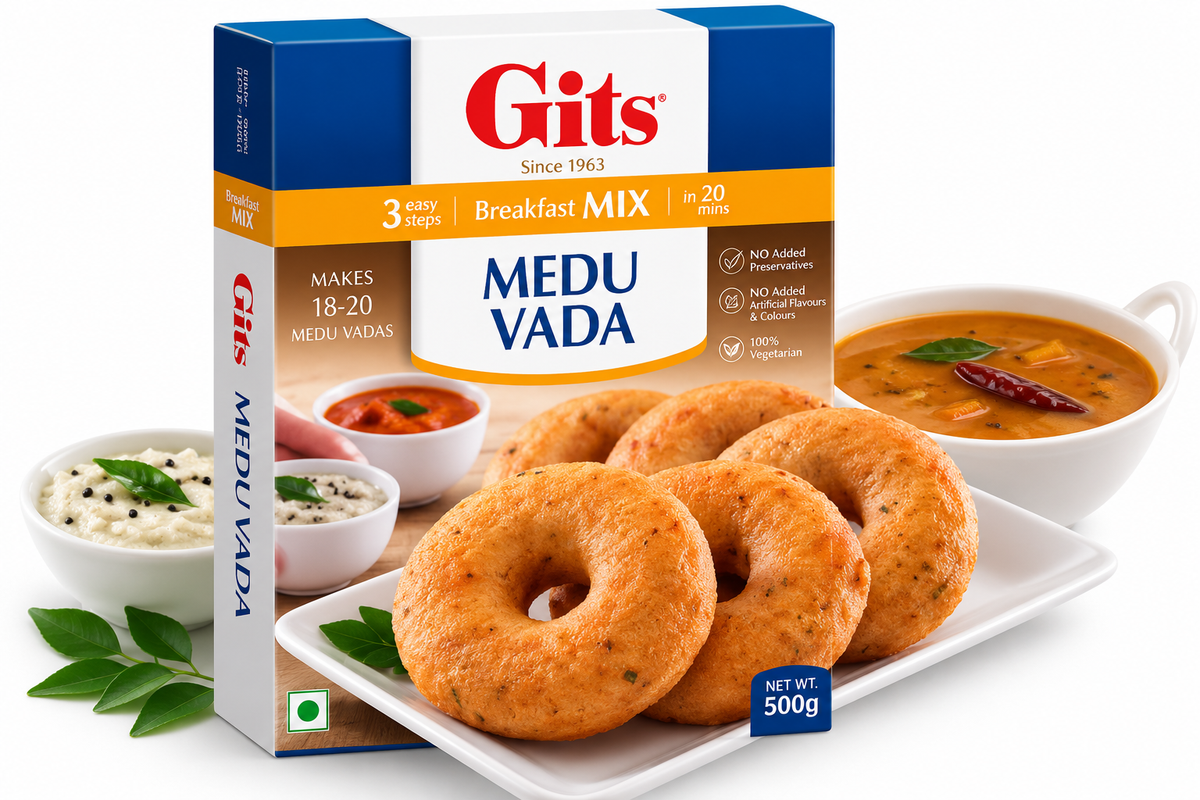 Gits Medu Vada Mix 500g box with blue, white and orange packaging, featuring the Gits logo, medu vada serving suggestion and breakfast mix branding on a clean white background.