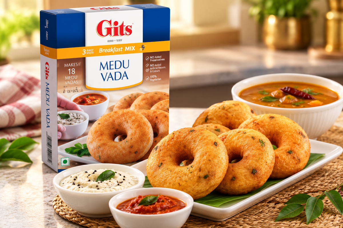 Gits Medu Vada Mix 500g box displayed beside golden, crispy Indian medu vadas served on a platter with coconut chutney, red chutney and a bowl of sambar on a warm kitchen counter.