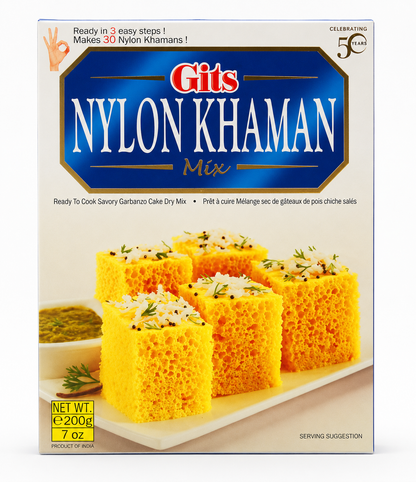 Gits Nylon Khaman Mix 200g front packaging, ready-to-cook savory gram flour snack mix that makes soft and spongy nylon khaman in 3 easy steps.