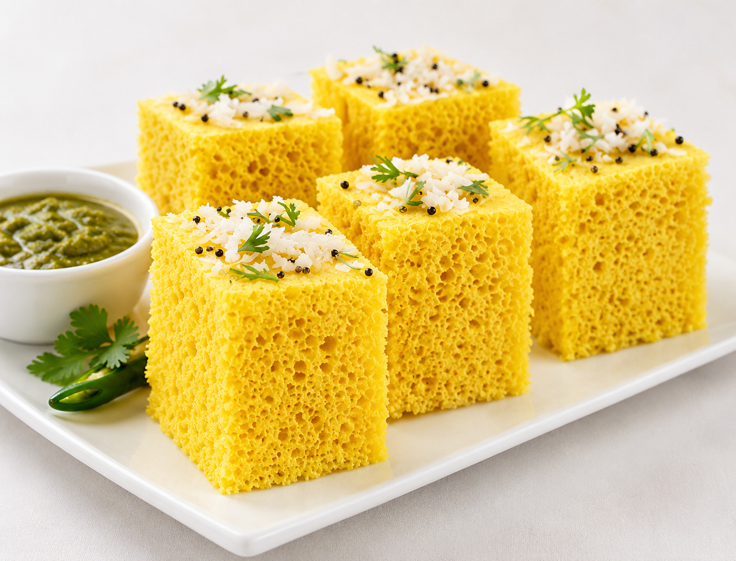 Freshly prepared Gits Nylon Khaman (Dhokla) garnished with grated coconut, mustard seeds and coriander leaves, served with traditional green chutney.