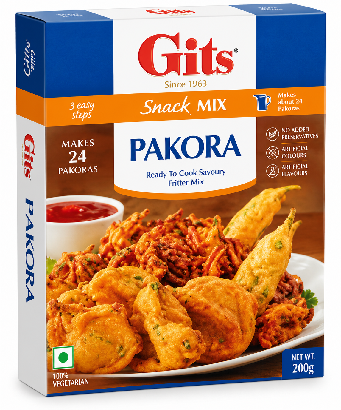 Gits Pakora Snack Mix 200g featuring a rectangular box with white, dark blue, orange, and brown packaging, the iconic red Gits logo, and prominent Pakora Ready to Cook Savoury Fritter Mix branding. The front of the pack displays a tempting plate of golden, crispy Indian pakoras served with red chutney and fresh green herbs, alongside details highlighting approximately 24 pakoras, a convenient three-step preparation process, and no added preservatives, artificial colours, or artificial flavours. 