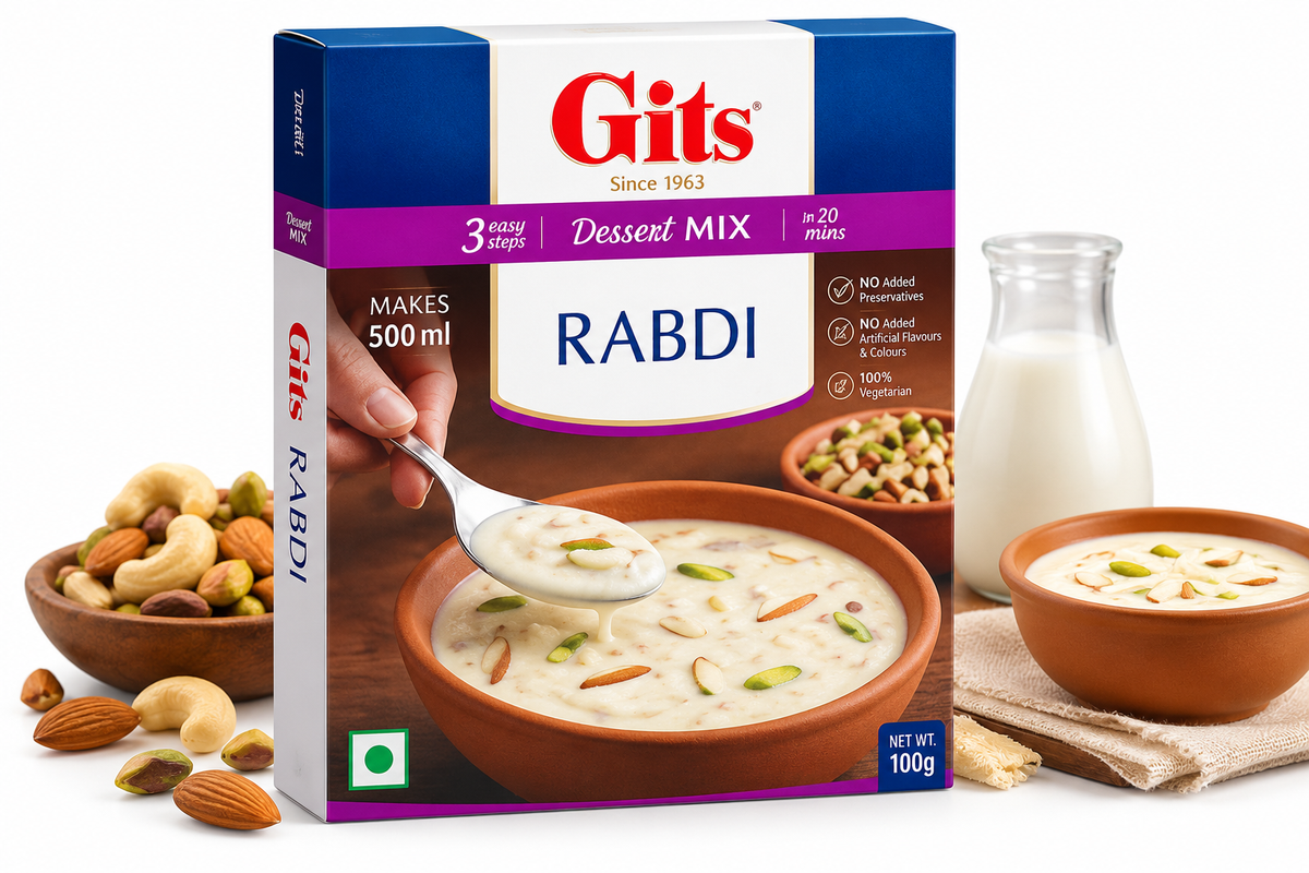 Gits Rabdi Dessert Mix 100g box with blue, white and purple packaging, featuring creamy rabdi dessert imagery and the Gits logo on a clean white background.