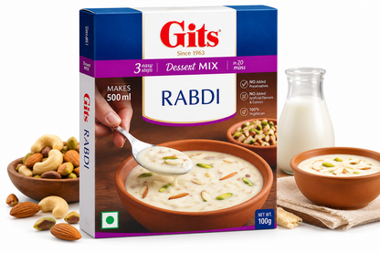 Gits Rabdi Dessert Mix 100g box with blue, white and purple packaging, featuring creamy rabdi dessert imagery and the Gits logo on a clean white background.
