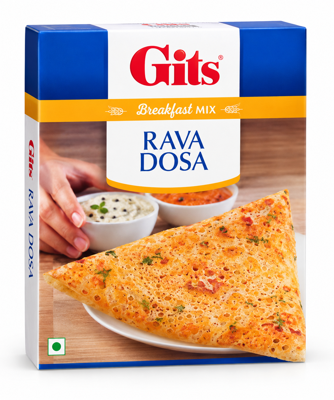 Gits Rava Dosa Mix 200g box with blue, white and orange packaging, red Gits logo, crispy golden rava dosa image and green vegetarian symbol on a white background.