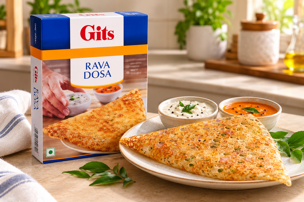 Gits Rava Dosa Mix 200g box displayed beside crispy golden triangular rava dosa served on a white plate with coconut chutney, orange sambar and fresh curry leaves on a kitchen countertop.