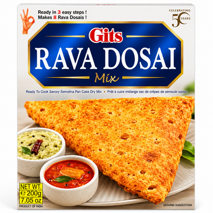 Gits Rava Dosai Mix 200g front packaging featuring an authentic South Indian semolina dosa mix that is ready in 3 easy steps for crispy and delicious dosas.