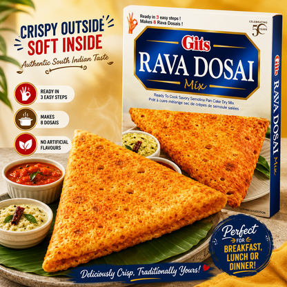 Premium lifestyle image of Gits Rava Dosai Mix served as crispy golden South Indian rava dosas with coconut chutney and sambar, perfect for breakfast, lunch or dinner.