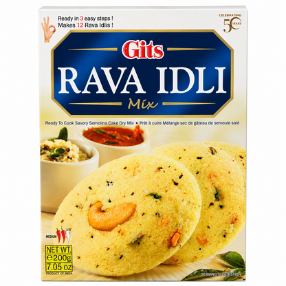 Gits Rava Idli Mix 200g front packaging featuring an authentic South Indian semolina idli mix that is ready in 3 easy steps.