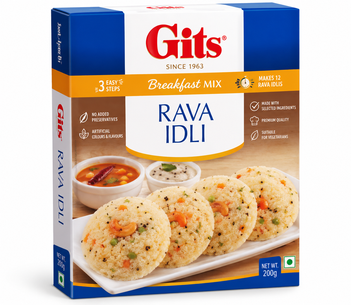 Gits Rava Idli Breakfast Mix 200g in white, blue and orange packaging featuring the Gits logo, Rava Idli branding, and a serving suggestion of soft steamed rava idlis with chutney and sambar.