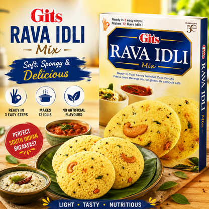 Premium lifestyle image of Gits Rava Idli Mix served as soft, spongy and delicious South Indian rava idlis with traditional coconut chutney and sambar, perfect for a wholesome breakfast.