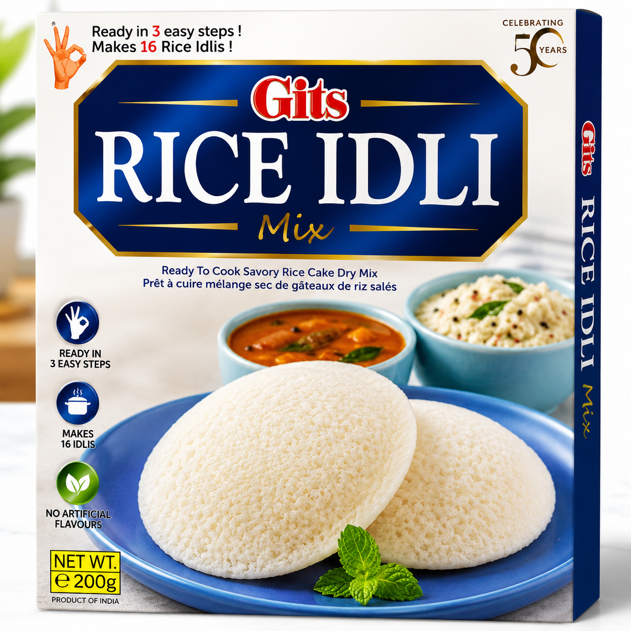 Gits Rice Idli Mix 200g front packaging featuring an authentic South Indian rice idli mix that is quick and easy to prepare at home.