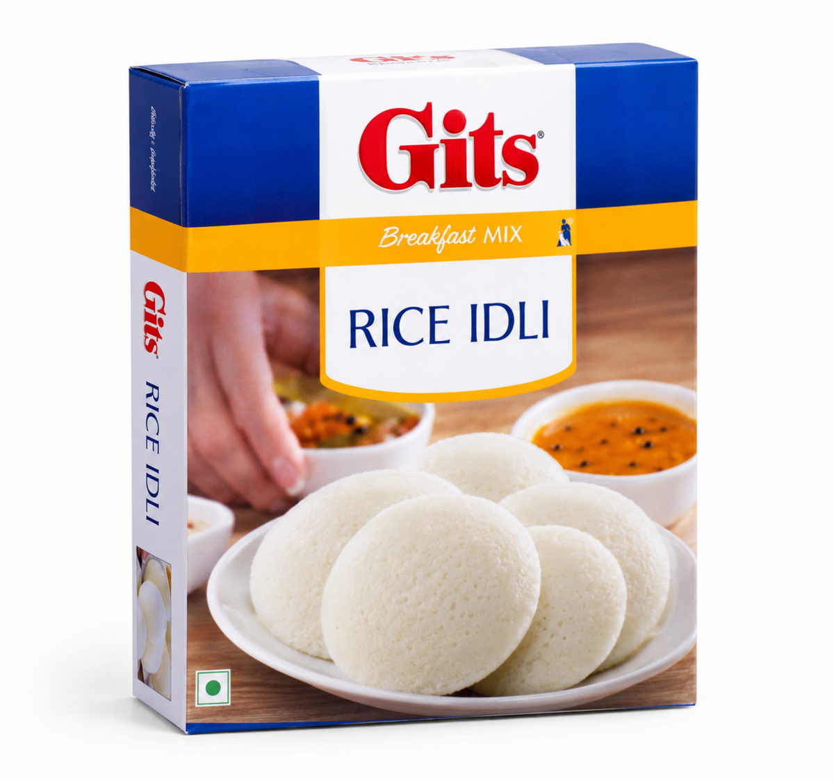 Gits Rice Idli Breakfast Mix 200g box featuring blue and white packaging, the red Gits logo, yellow Breakfast Mix banner, and a picture of soft white idlis served with chutney and sambar, displayed against a clean white background.