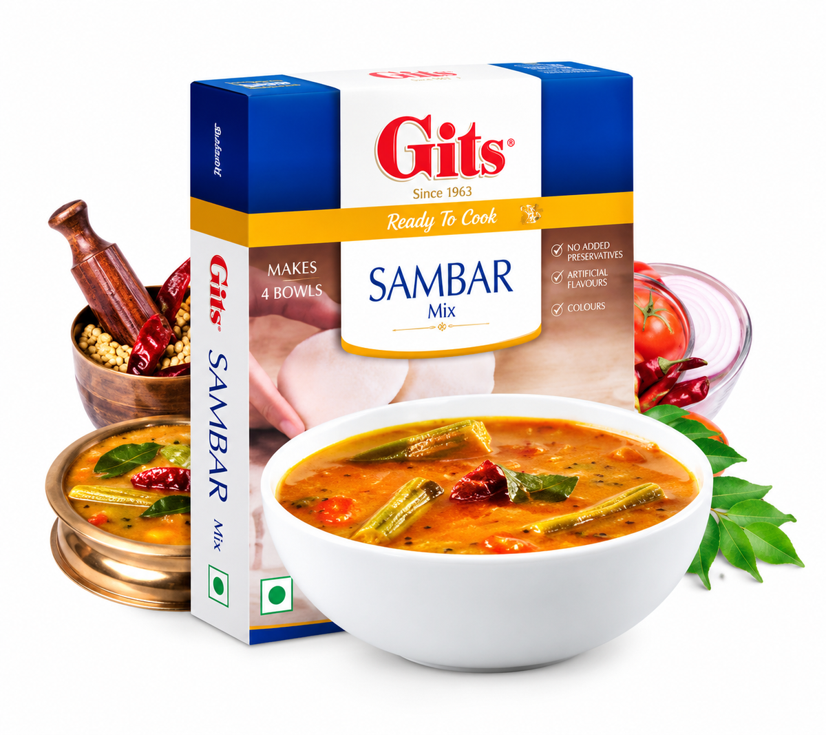 Gits Sambar Mix ready-to-cook box displayed on a white background with a bowl of vegetable sambar, dried red chillies, tomatoes, onions, and fresh curry leaves.
