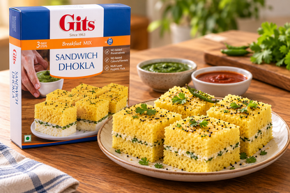 Gits Sandwich Dhokla Mix served as soft, layered yellow dhokla squares garnished with mustard seeds and coriander, alongside green and red chutneys.