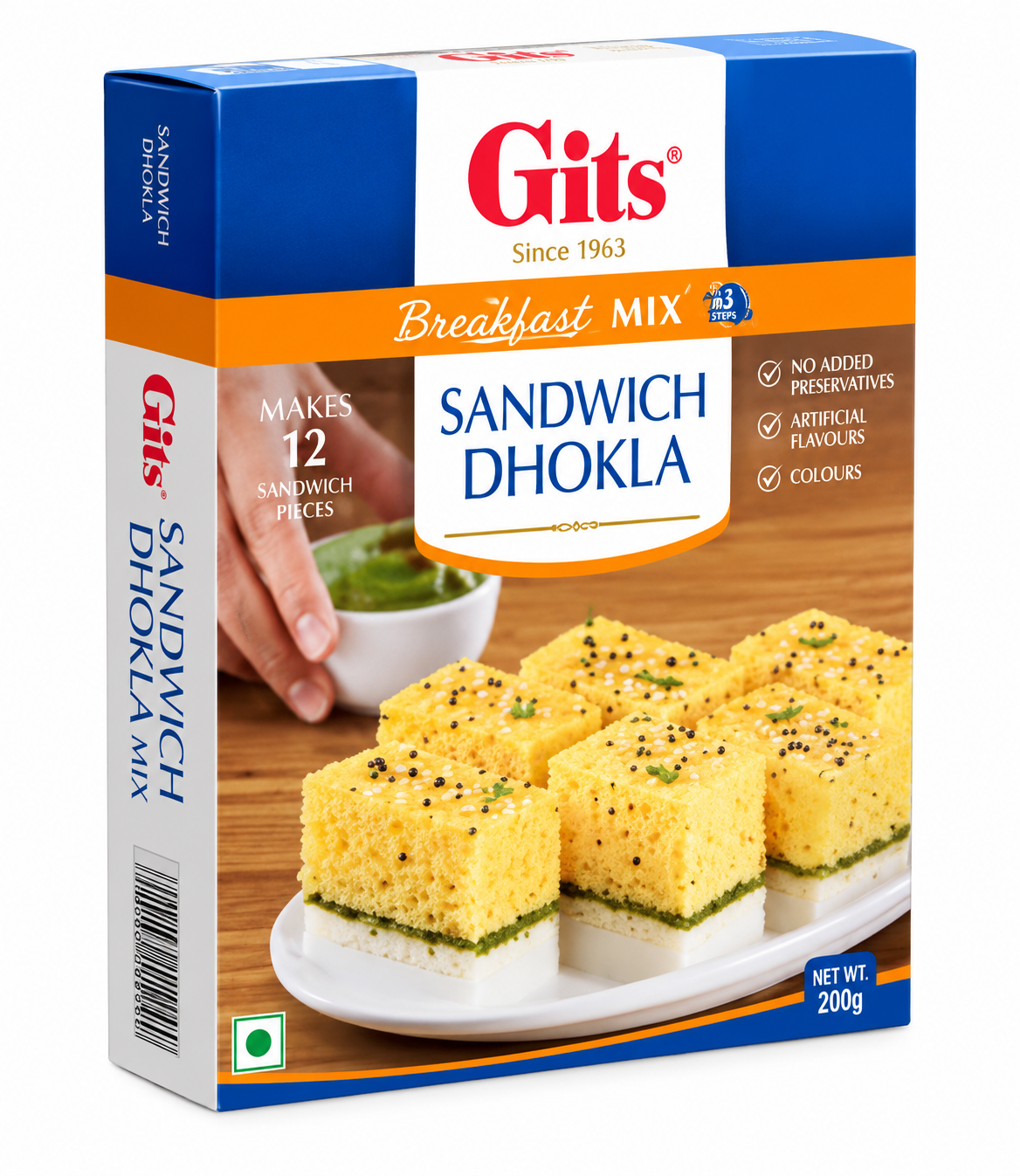 Gits Sandwich Dhokla Mix 200g box displayed on a white background, featuring soft yellow layered dhokla pieces with green chutney filling.