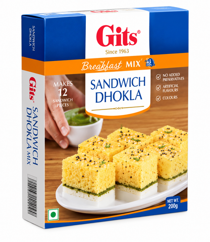 Gits Sandwich Dhokla Mix 200g box displayed on a white background, featuring soft yellow layered dhokla pieces with green chutney filling.