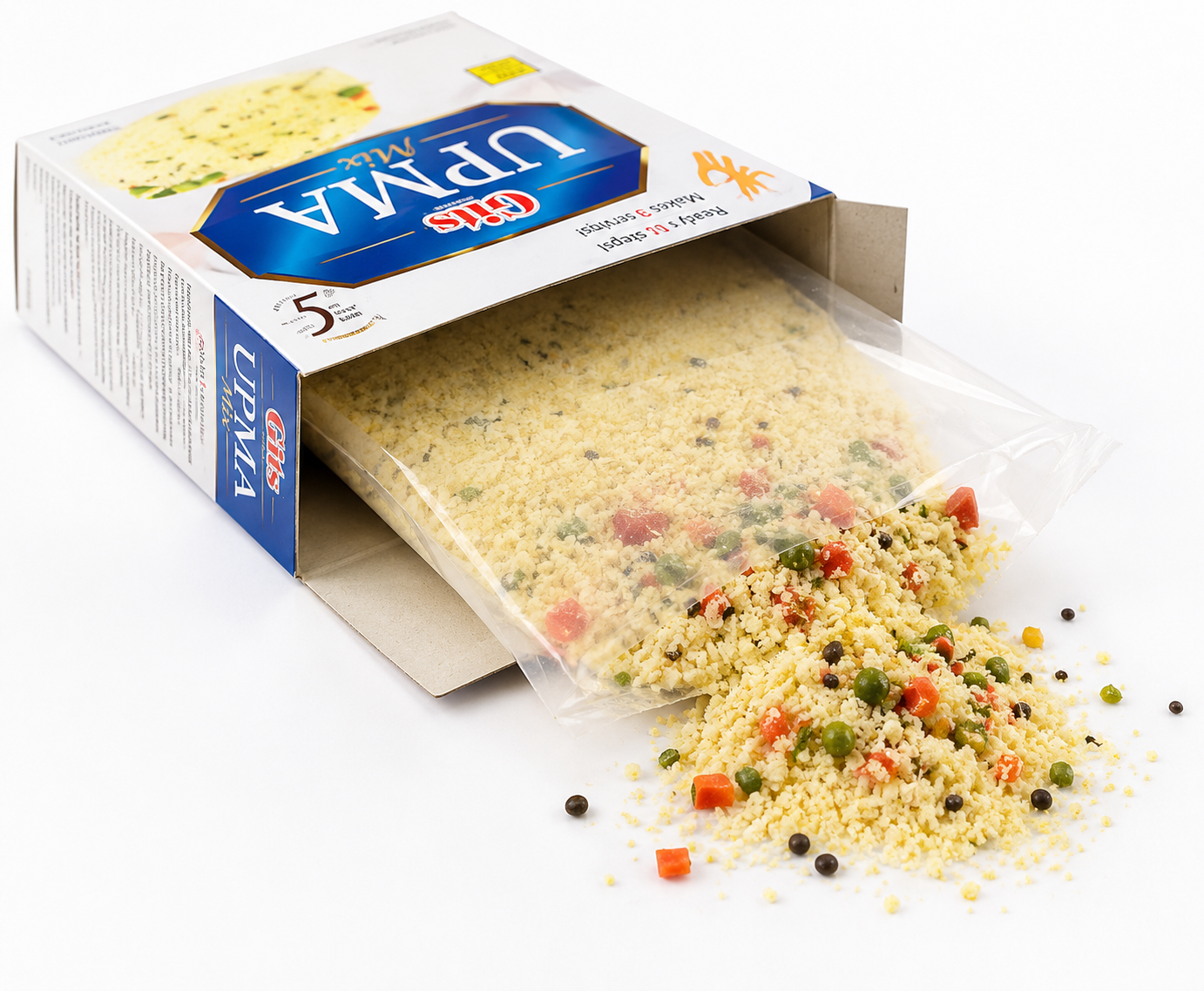 Gits Upma Mix  dry mix sachet showing semolina and dehydrated vegetable blend ready for quick and easy preparation.