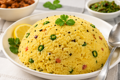 Freshly prepared Gits Upma Mix served hot with vegetables, mustard seeds and green chillies for a traditional South Indian breakfast.