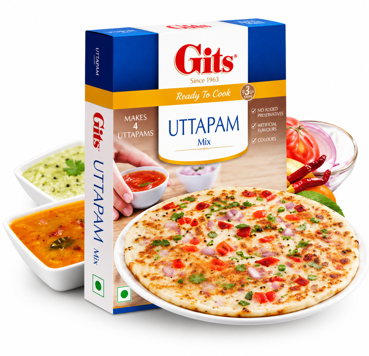 Gits Uttapam Instant Mix with prepared vegetable uttapam served on a plate.