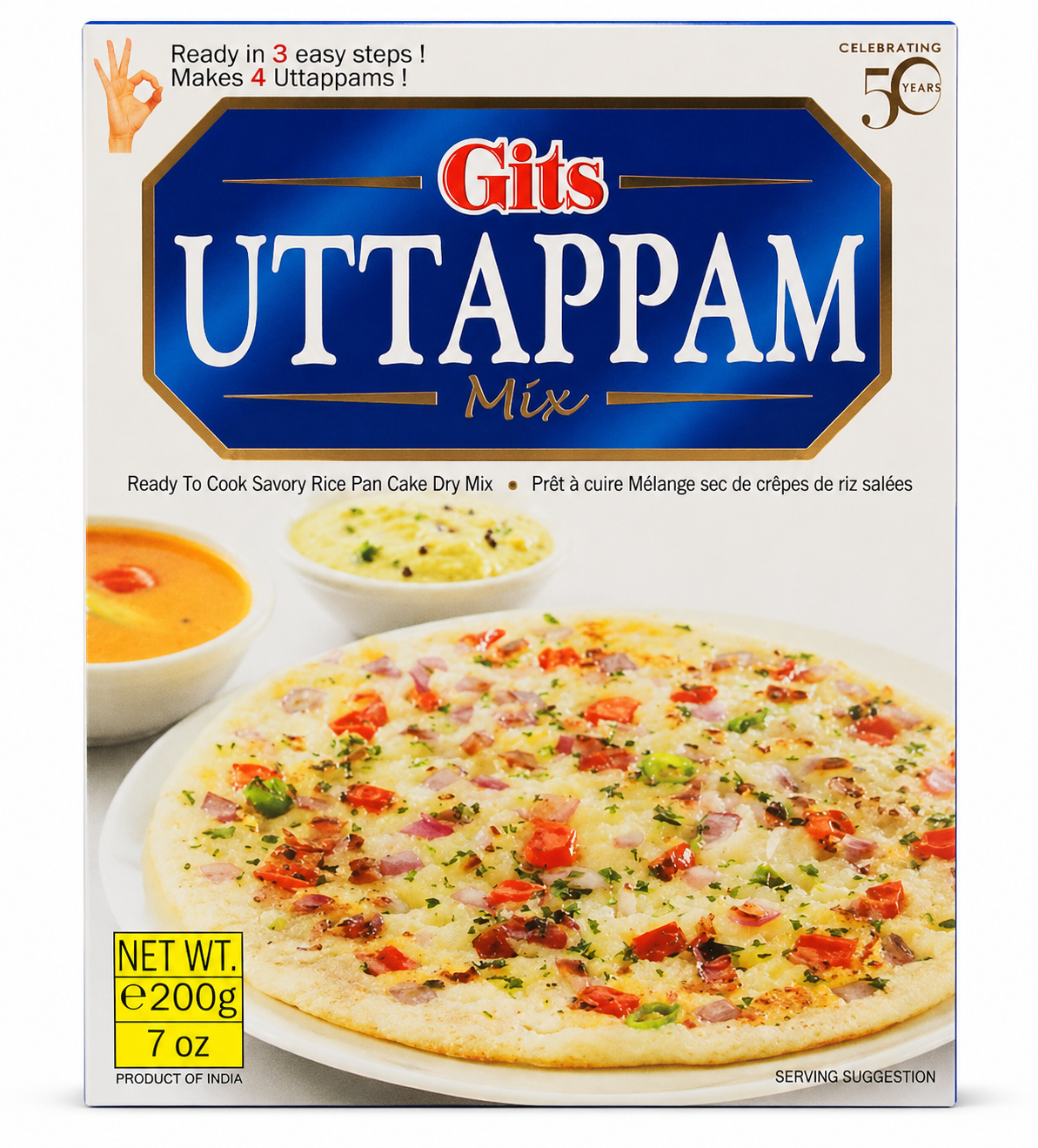 Gits Uttappam Mix 200g front packaging, ready-to-cook South Indian rice pancake dry mix for making soft and delicious uttappams in 3 easy steps.