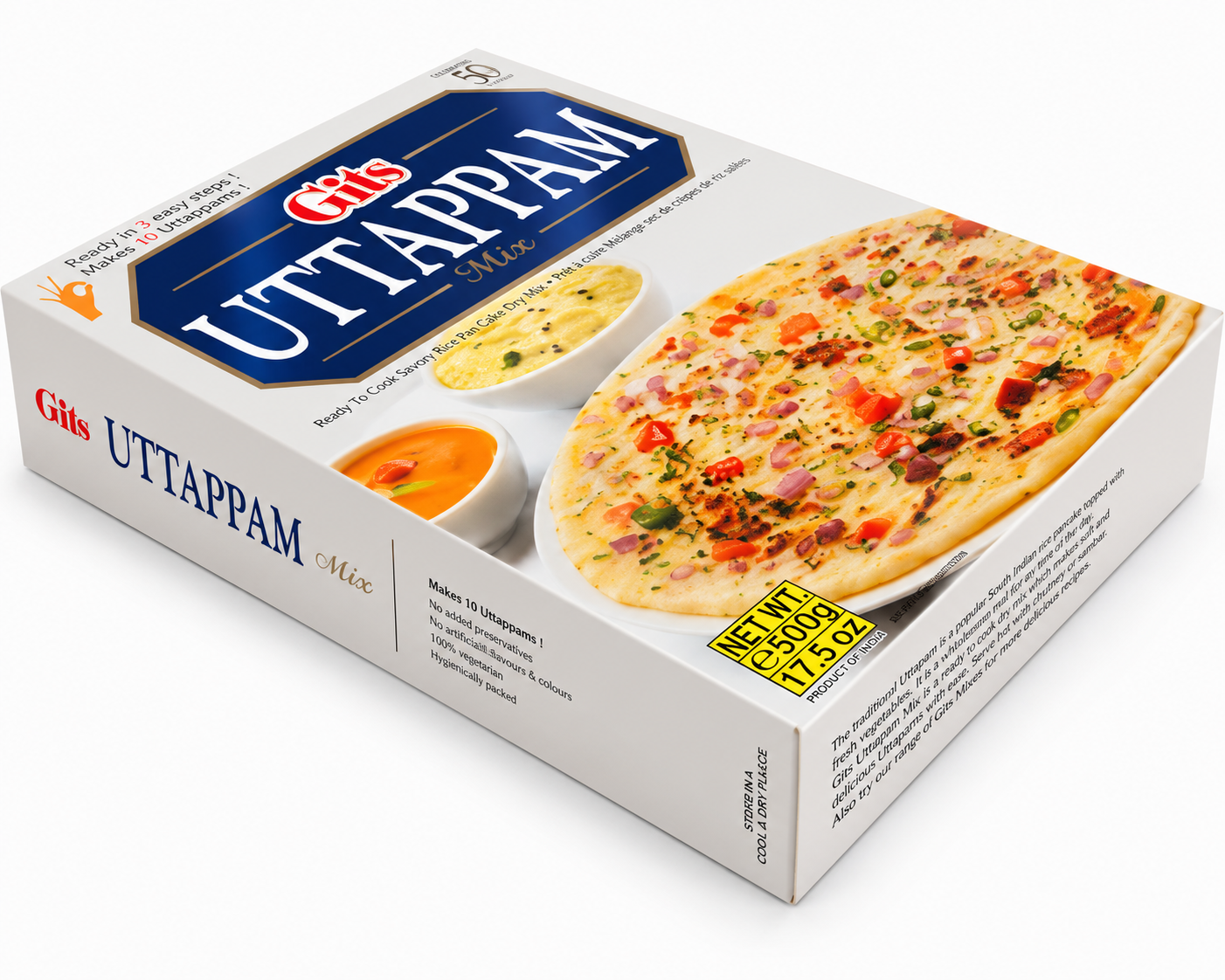 Gits Uttappam Mix 500g box shown at an angled view, ready-to-cook South Indian rice pancake dry mix that makes 10 uttappams in 3 easy steps.