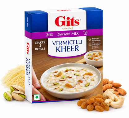 Gits Vermicelli Kheer Dessert Mix box with creamy vermicelli kheer garnished with nuts and raisins on a white background.