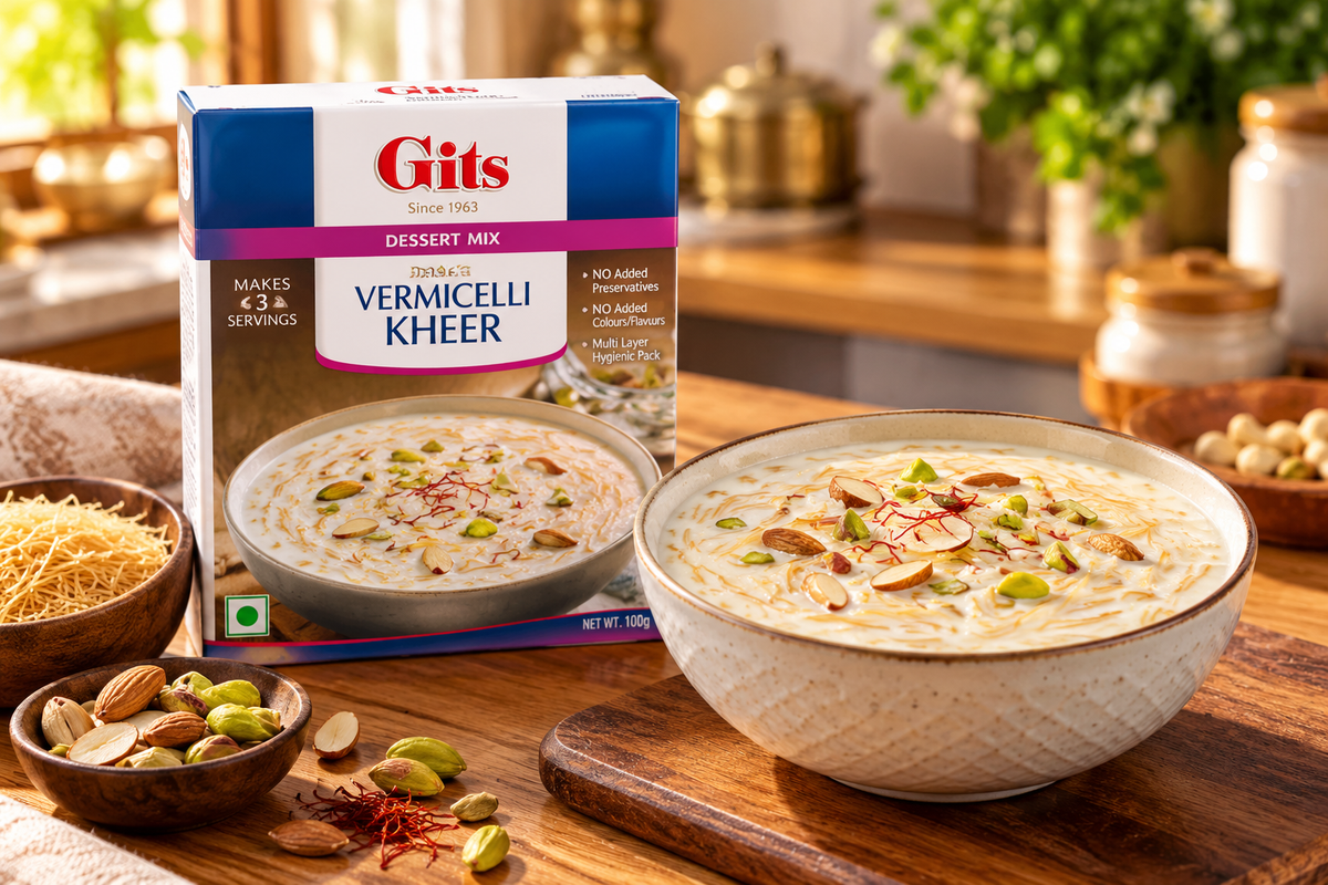 Gits Vermicelli Kheer Dessert Mix 100g single pack served with a bowl of creamy vermicelli kheer garnished with almonds, pistachios and saffron.