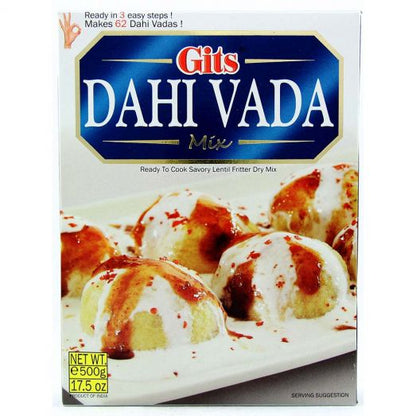 Gits Dahi Vada Mix 500g box packaging showing soft lentil dumplings topped with yogurt and tamarind chutney, ready-to-cook Indian savory mix.