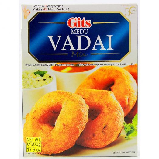 Gits Medu Vadai Mix 500g box packaging showing golden lentil vadas served with coconut chutney and sambar.