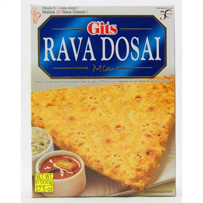 Front view of Gits Rava Dosai Mix 500g box packaging, featuring a large crispy golden rava dosa folded on a plate with small bowls of chutney and sambar, blue and white branding at the top, and “Ready in 3 easy steps” text on the package.