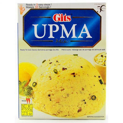 Gits Upma Mix 500g front packaging featuring ready-to-cook savory semolina breakfast mix made in India.