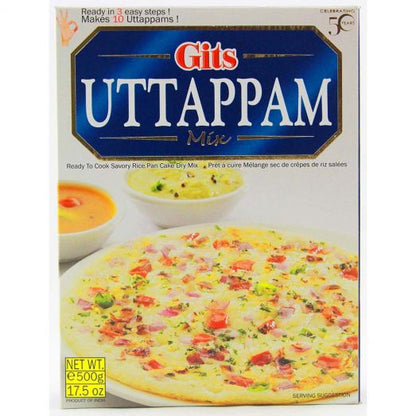 Gits Uttappam Mix 500g box packaging showing a large South Indian uttappam topped with onions, tomatoes, and herbs, served with bowls of sambar and chutney.