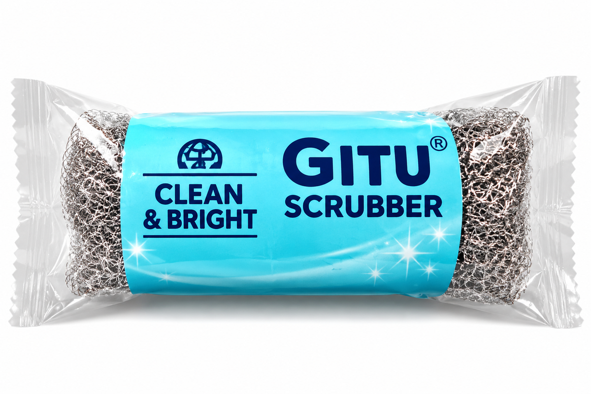 GITU Clean & Bright stainless steel kitchen scrubber in turquoise packaging on a white background.