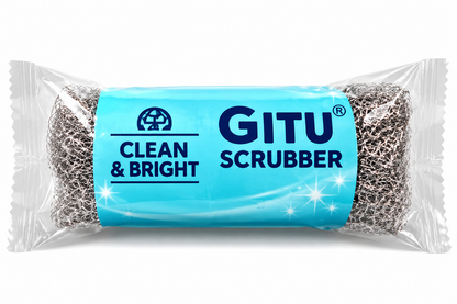 GITU Clean & Bright stainless steel kitchen scrubber in turquoise packaging on a white background.