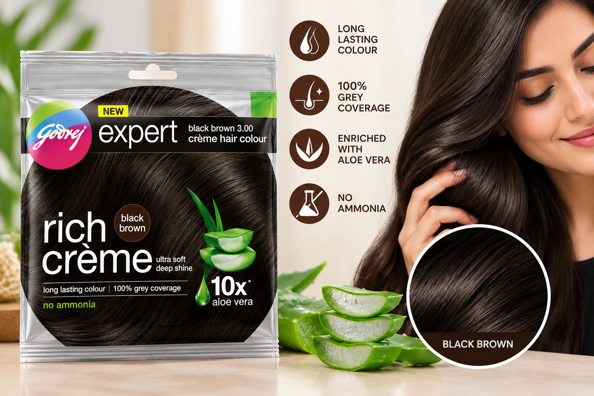 Godrej Expert Black Brown Crème Hair Colour with aloe vera and glossy black-brown hair lifestyle display