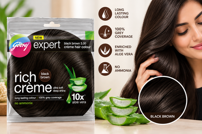 Godrej Expert Black Brown Crème Hair Colour with aloe vera and glossy black-brown hair lifestyle display