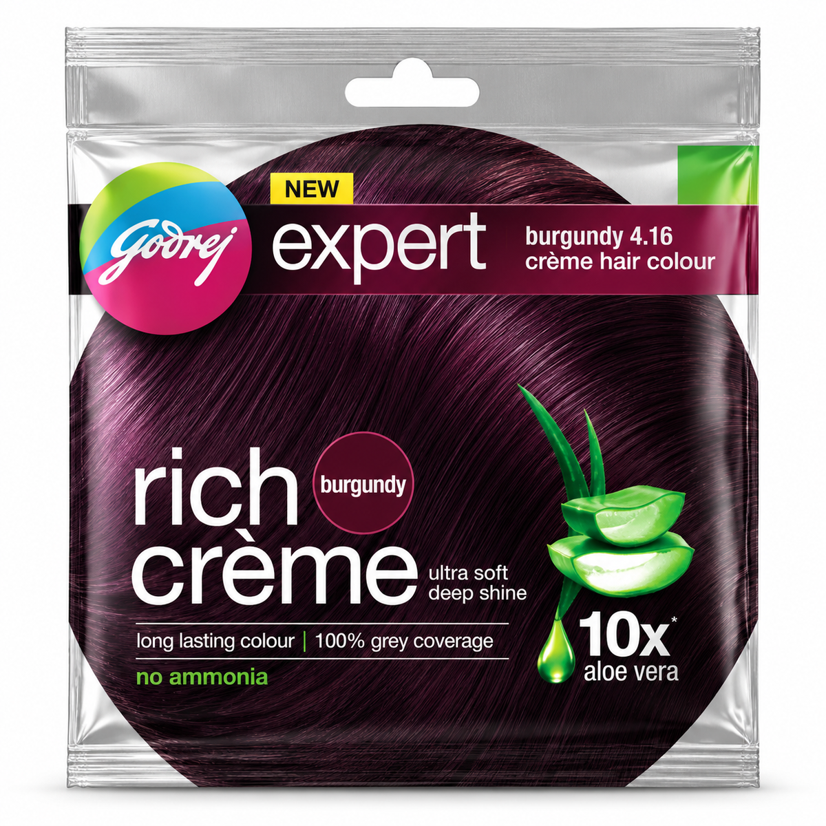 Godrej Expert Burgundy Crème Hair Colour 20g sachet with rich burgundy packaging and aloe vera
