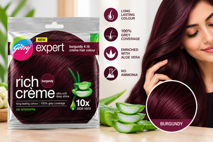 Godrej Expert Burgundy Crème Hair Colour with aloe vera and glossy burgundy hair lifestyle display.