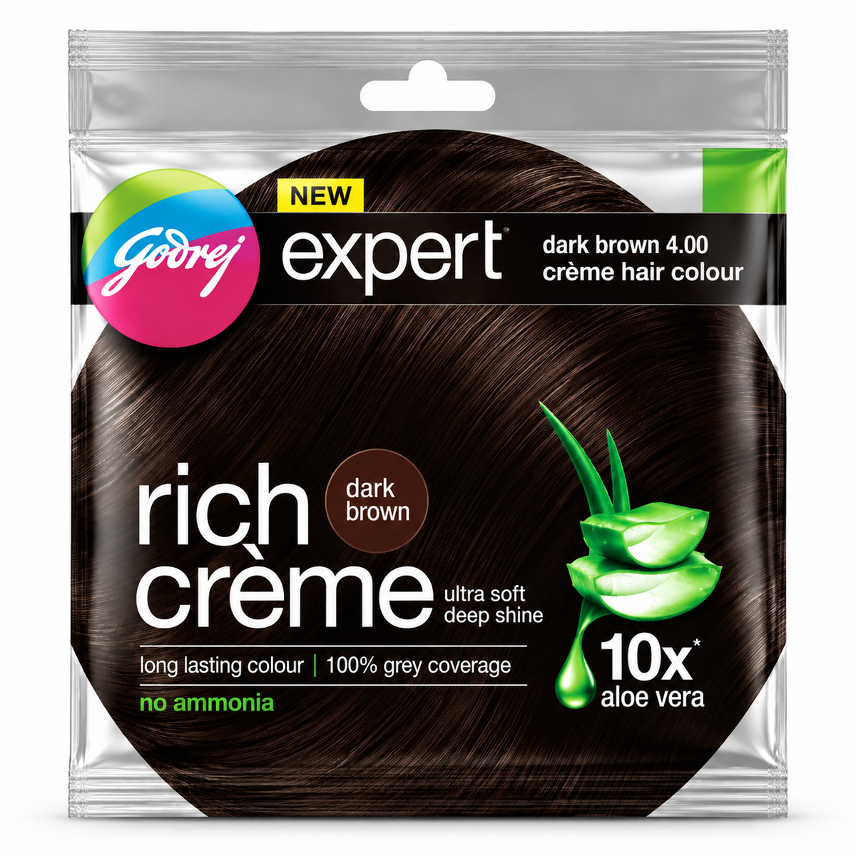 Godrej Expert Dark Brown Crème Hair Colour 20g sachet with aloe vera and rich crème packaging