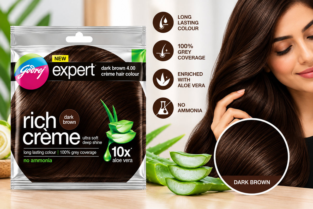 Godrej Expert Dark Brown Crème Hair Colour with aloe vera and glossy dark brown hair lifestyle display