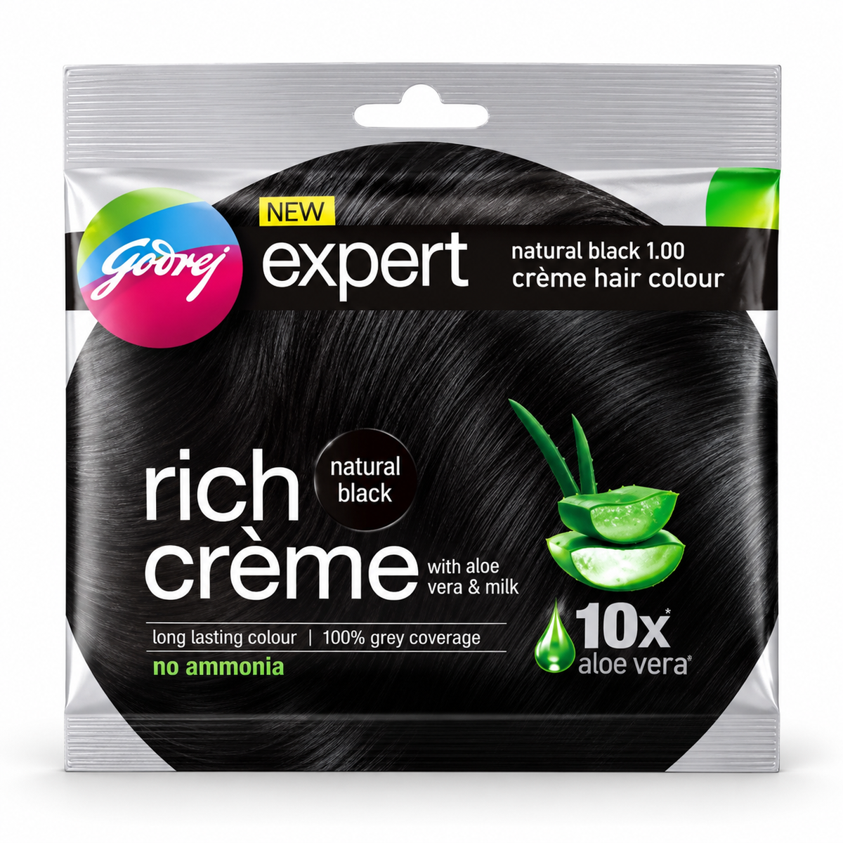 Godrej Expert Rich Crème Natural Black Hair Colour 20g sachet with black and silver packaging, aloe vera and milk graphics, and natural black shade identification.