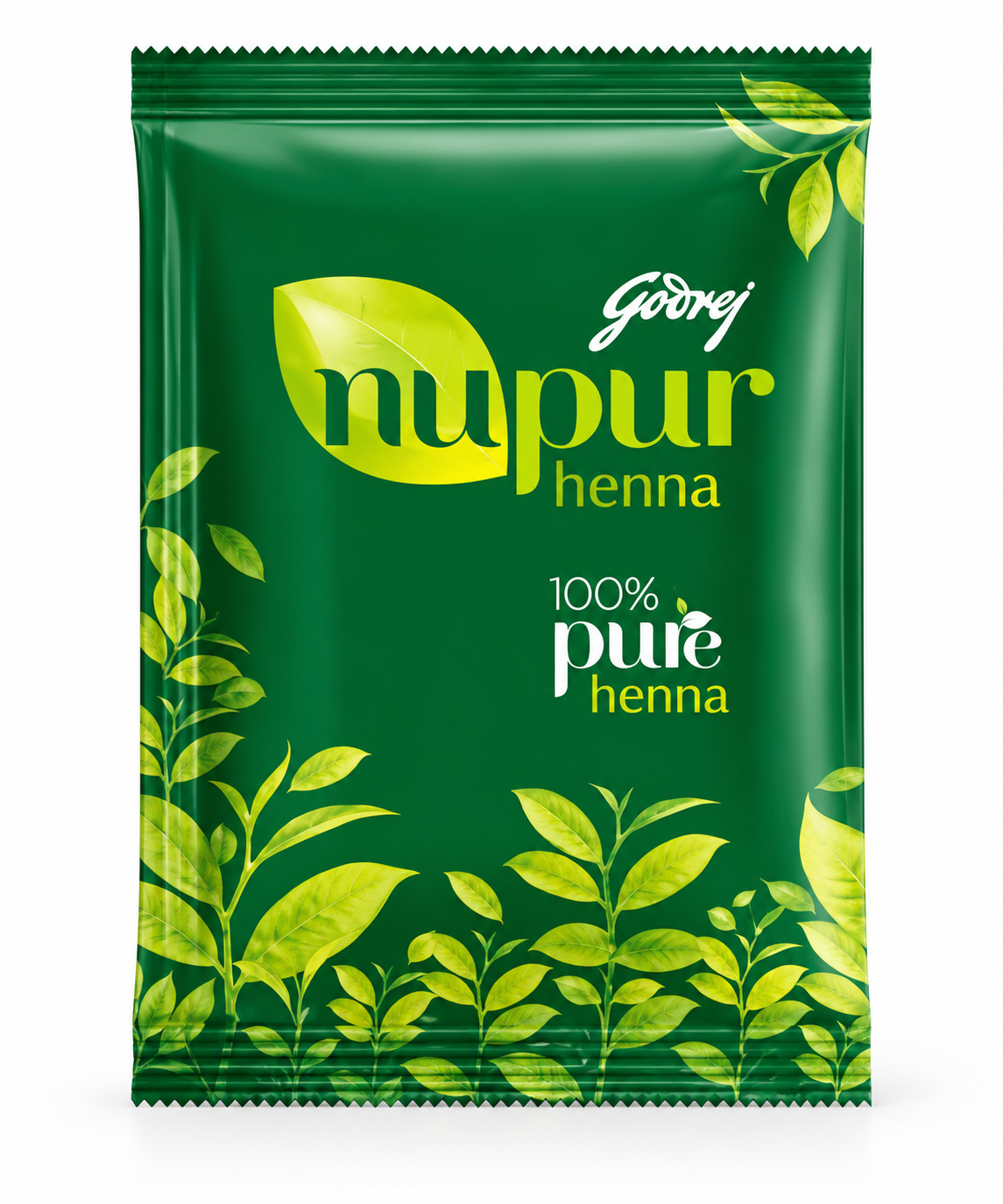 Godrej Nupur Pure Henna 120g green sachet featuring the Nupur logo, 100% pure henna label and decorative green botanical leaf graphics on the packaging.