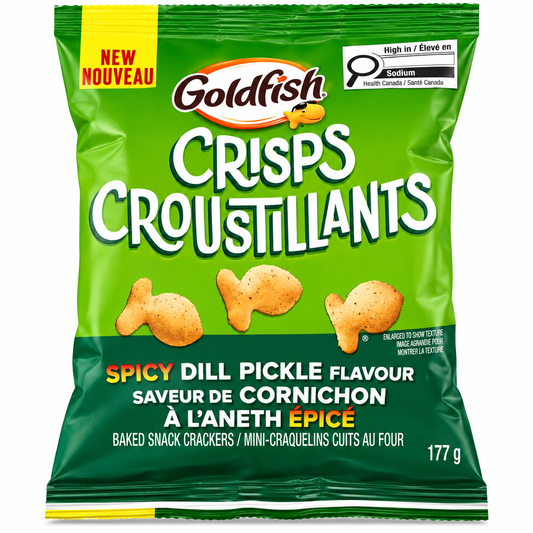 Goldfish Crisps Spicy Dill Pickle Flavour 177g – baked snack crackers with a spicy dill pickle flavour, featuring crispy Goldfish-shaped crackers in a convenient 177g pack.