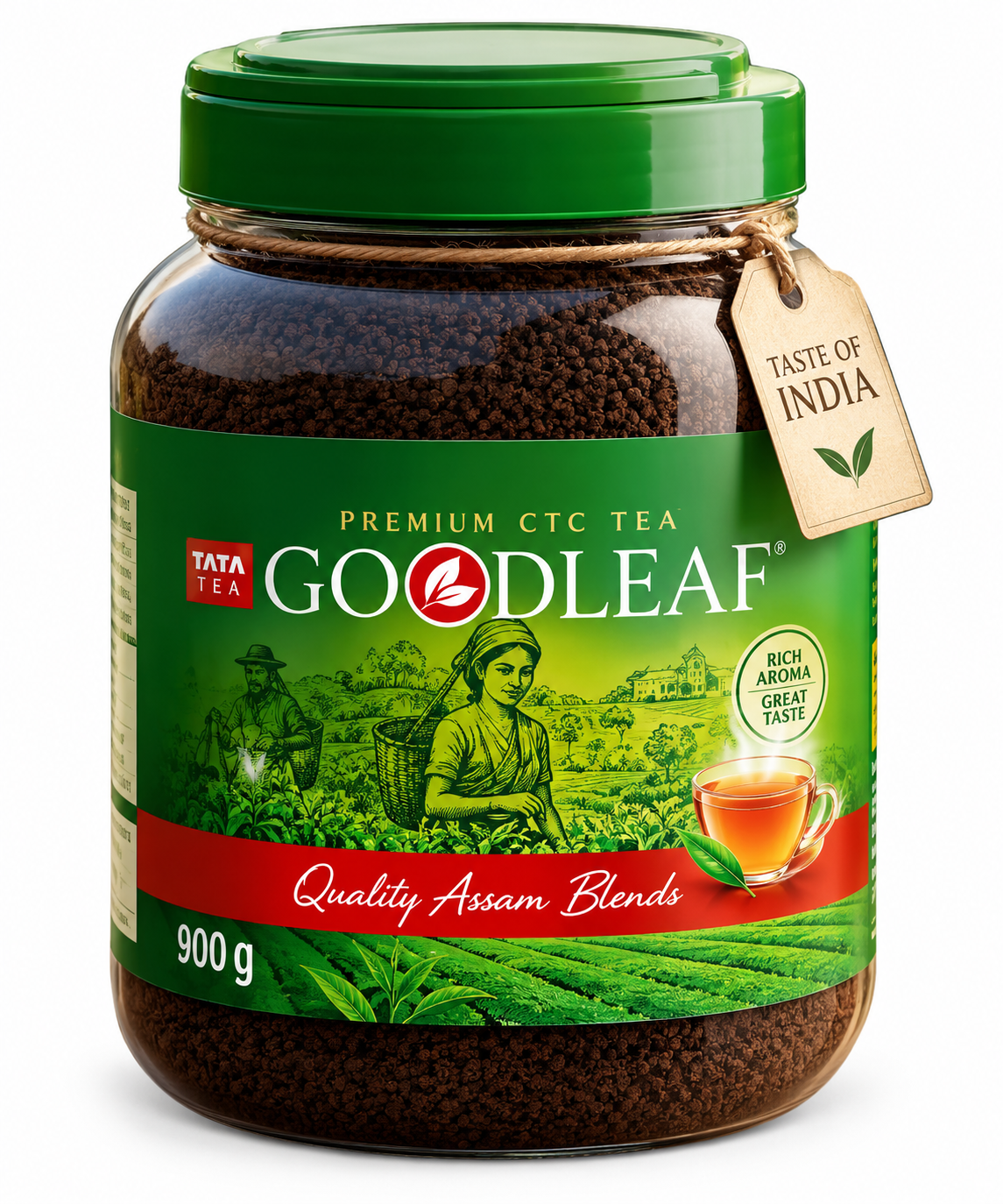 Good Leaf Premium CTC Tea 900g jar featuring a transparent container filled with dark tea granules, a dark green screw-top lid, and green packaging with the Tata Tea Good Leaf branding. The label showcases tea plantation illustrations, tea leaves, a cup of amber tea, a red banner reading “Quality Assam Blends,” and a beige “Taste of India” tag tied around the jar. Displayed against a clean white background