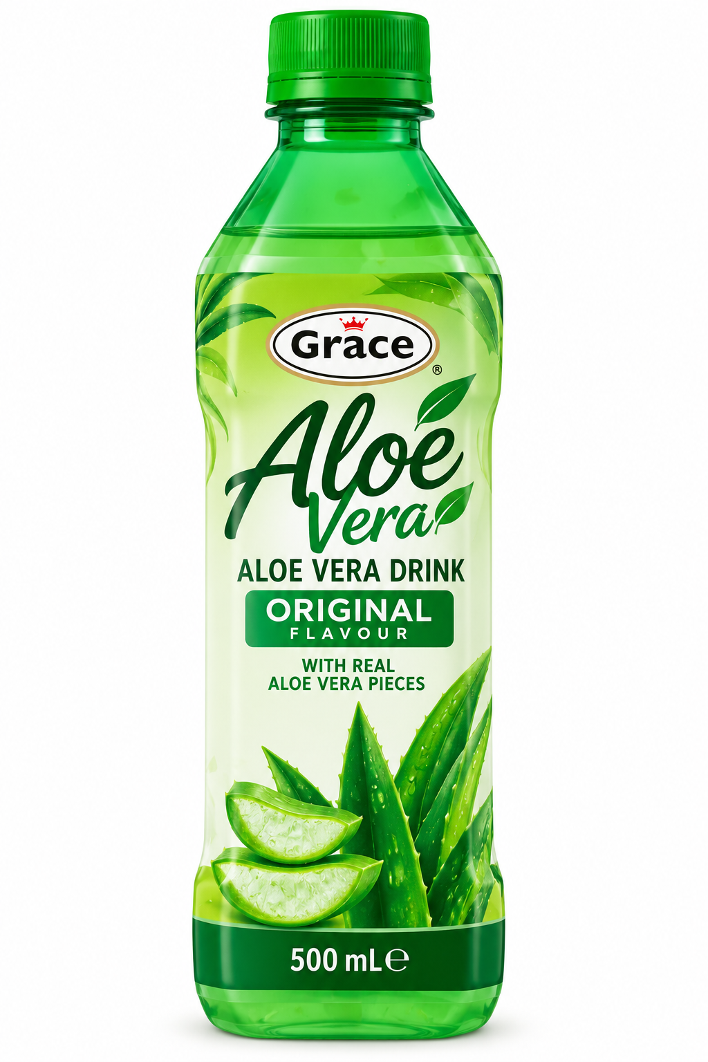 Grace Aloe Vera Original Drink 500ml bottle featuring green packaging, fresh aloe vera leaves, aloe vera gel pieces, and a green screw cap.