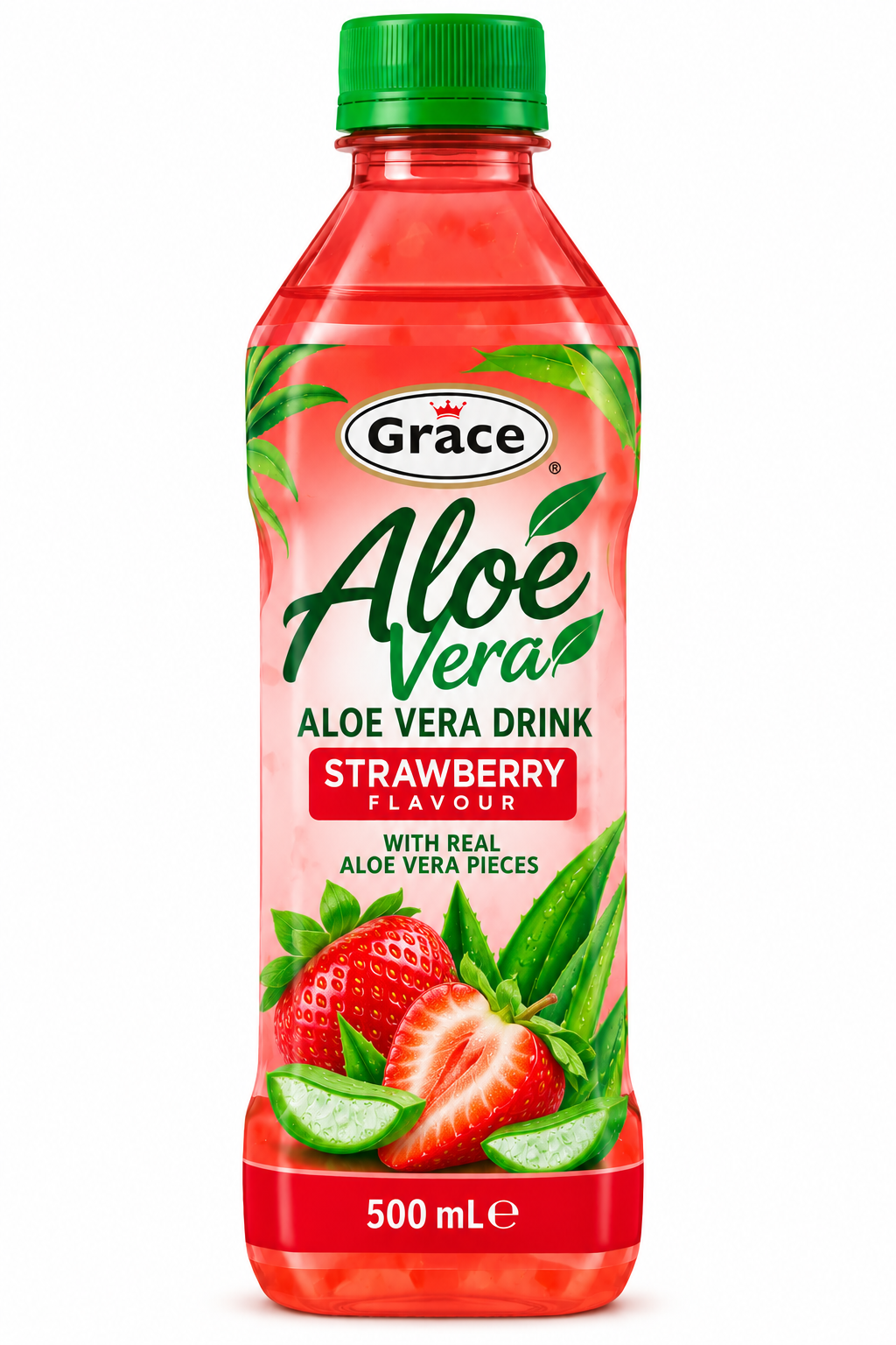 Grace Aloe Vera Strawberry Drink 500ml bottle featuring a green cap, pink strawberry-flavoured drink, fresh strawberries, green aloe vera leaves, and real aloe vera pieces.